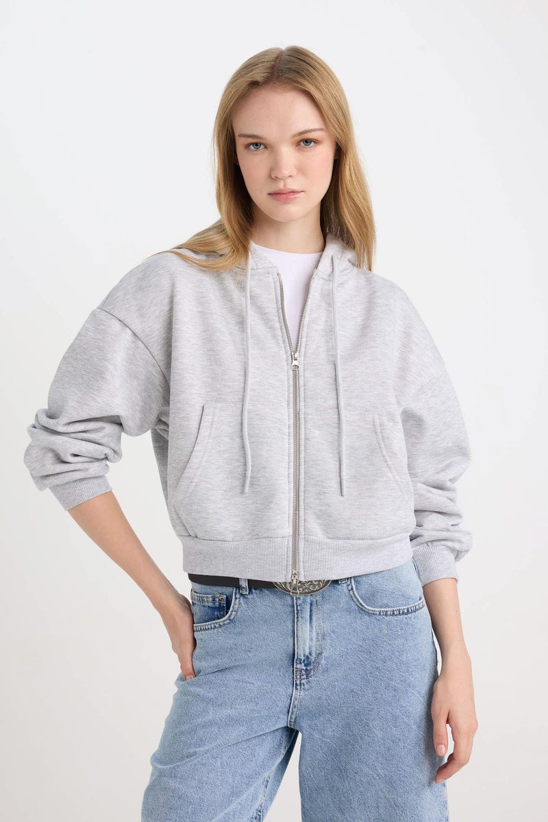 DeFacto Grey Woman Standard Fit Basic Zip-Up Hoodie Casual - Image 4
